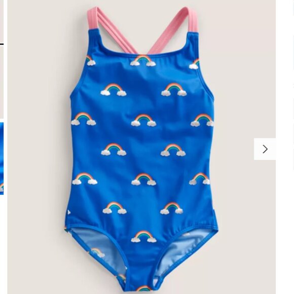 NEW! Mini Boden Rainbow Crossback Swimsuit in CABANA BLUE/ RAINBOW CLOUDS (5-6)